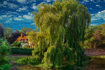 Bucolic landscape of trees and house on riverbank in a sunny summer day of Cambridge. A beautiful and peaceful university town in eastern England. Oil paint filter.