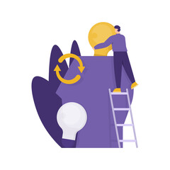 concept of ideas, inspiration, supplies of thought. a symbol of processing or recycling. illustration of man changing and inserting a light bulb into his head. flat style. design elements