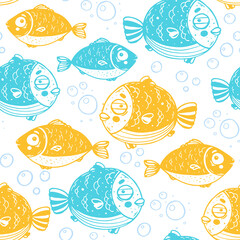 Cute fish seamless pattern. Black and white pattern. Design template. Cute background. Hand drawn vector illustration.