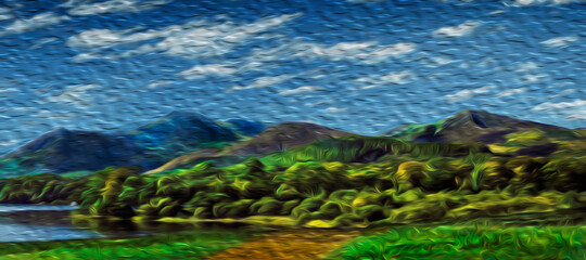 Hilly landscape with trees and fields in a sunny summer day at the Lake District. A mountain region with astonishing scenery in central England. Oil paint filter.