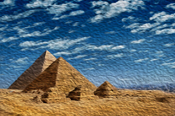 Fototapeta na wymiar Giza, Egypt – February 13, 1997. Giza pyramids complex, an old necropolis for pharaohs. Near Cairo, this ancient Egyptian wonder is one of the world biggest tourist attractions. Oil paint filter.