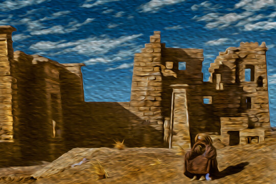 Egyptian man sitting in front of ruins from an ancient temple at the Tebas necropolis near Luxor. An open-air museum with many ruins of temples and tombs in central Egypt. Oil paint filter.
