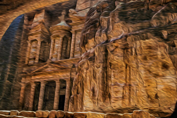 Facade of Al-Khazneh temple carved out from the rock in the ancient archeological site of Petra. An amazing historic city with buildings carved out of the cliffs in southern Jordan. Oil paint filter.