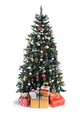 Christmas Tree With Toys and Gift Boxes Isolated on White Background.