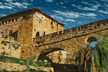 Fototapeta premium Gothic stone bridge and old building at sunset in Puente La Reina. A medieval village on the Way of St. James, a famous pilgrimage route leading to Santiago de Compostela in Spain. Oil paint filter.
