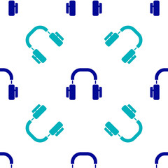 Blue Headphones icon isolated seamless pattern on white background. Earphones. Concept for listening to music, service, communication and operator. Vector.