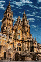Fototapeta na wymiar Astonishing facade of the Santiago de Compostela Cathedral, that represent the finish line of the Way of St. James, a famous pilgrimage route going trough northern Spain. Oil paint filter.