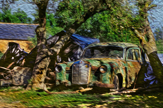 Rusty and dilapidated vintage car abandoned in the backyard of a country house at the Way of St. James. A famous pilgrimage route leading to Santiago de Compostela in northern Spain. Oil paint filter.