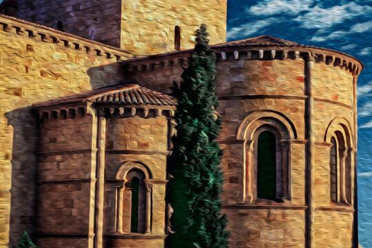 Stone round walls on the back of the Saint Vincent Basilica at sunset in Avila. It has the longest and imposing wall completely encircling this well-kept gothic town in Spain. Oil paint filter.