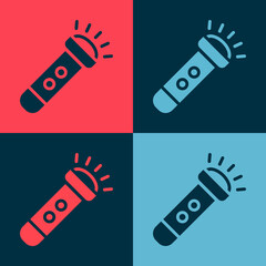 Pop art Flashlight icon isolated on color background. Vector.