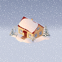The house is surrounded by trees in winter 3D