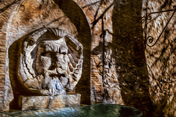 Fototapeta na wymiar Charming fountain with face-shaped statue carved on marble in a street of Rome. The incredible city of the Ancient Era, known as The Eternal City, in central Italy. Oil paint filter.