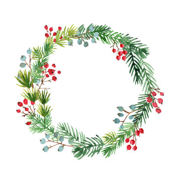 Christmas wreath. Ornaments from the branches painted with watercolors on white background. Branches of trees. 