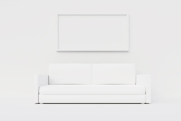 White minimalist living room with sofa and big frame, mock up. 3D illustration