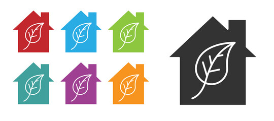 Black Eco friendly house icon isolated on white background. Eco house with leaf. Set icons colorful. Vector.