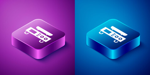 Isometric Electronic scales icon isolated on blue and purple background. Weight measure equipment. Square button. Vector.