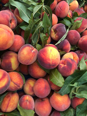 Juicy peaches at farmers' market for sale. Full frame