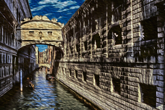 Stone old buildings connected by the famous Bridge of Sighs over a small canal with gondola, in a winter sunny day at Venice. The historic and amazing marine city in northern Italy. Oil paint filter.