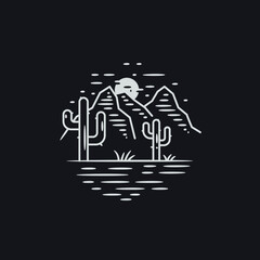mono line art illustration vector of desert night scene with mountain moon and cactus.