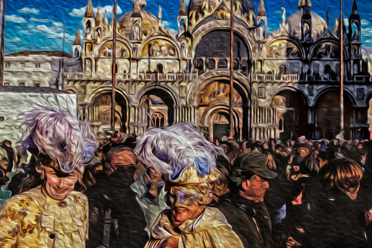 Venice, Italy - February 16, 2005. Carnival revelers wearing colorful and sophisticated costumes with at the Carnival of Venice. The historic and amazing Italian marine city. Oil paint filter.