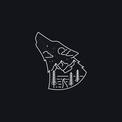 mono line art vector of sky mountain and forest inside wolf head. howling wolf illustration.