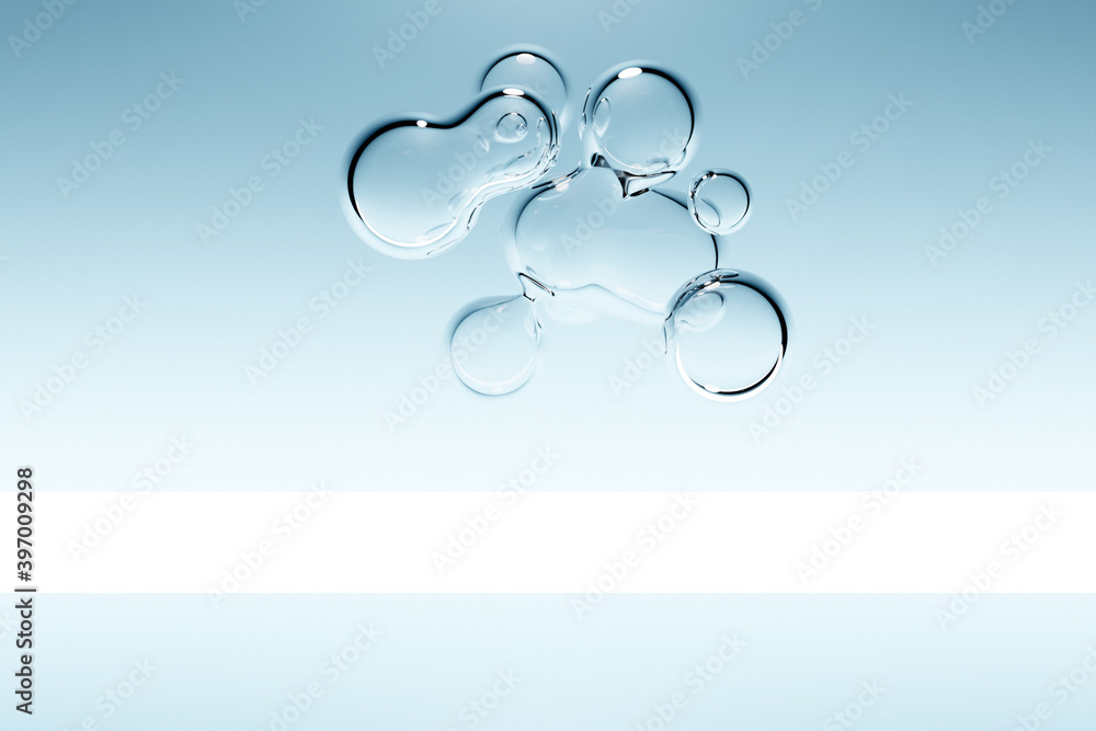 Poster 3d illustration of a transparent metaball with a huge number of parts on a blue background. digital 