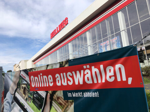 Berlin, Germany - October 13, 2020: Exterior of Hellweg, store specialized for building supplies, garden furniture, bathroom and sanitary