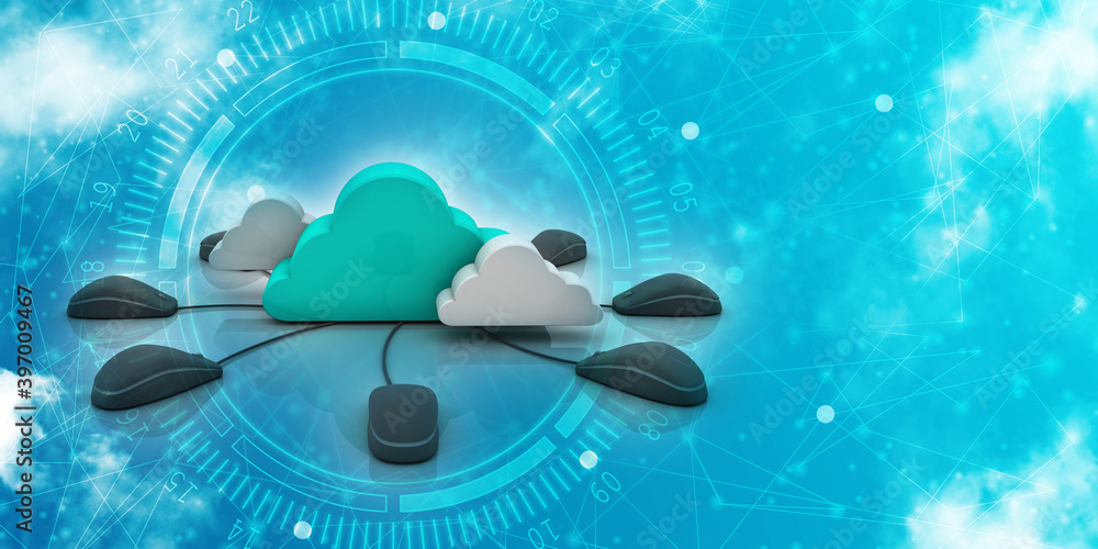 Poster 3d rendering blue cloud connected computer mouse