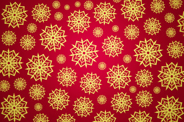 3d illustration of many gold  snowflakes of different sizes and shapes on a red background. Winter snowflake pattern