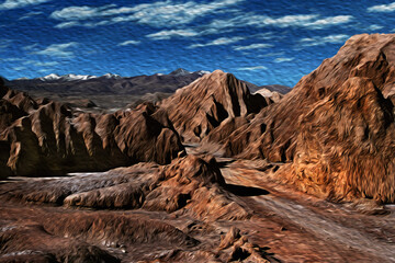 Fototapeta na wymiar Road passing through desert landscape with peaks and volcanoes in the horizon near San Pedro de Atacama. A cute tourist village on the Andean highland in northern Chile. Oil paint filter.
