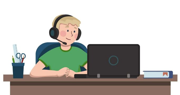 4K Looped animation, child with laptop and headphones taking online class, distance education. 2D Seamless motion animated footage, technology for kids. Boy using computer at home, school homework