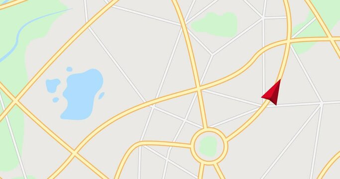 Looped 4K animation with tracking GPS navigator. motion animated footage of map with river. Concept of transport Navigation and location with Moving red marker on city streets, design graphic element 
