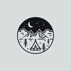 mono line art vector of crescent moon over night camp forest in. night camp in the forest illustration art.