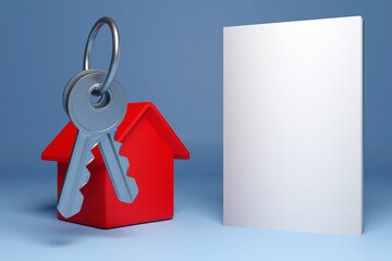 3d illustration of a bunch of keys, a red new house - a new building and next to an empty field for advertising text. Concept and symbol of moving and buying new home