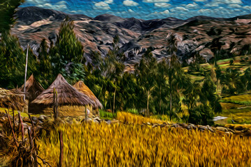 Huts with thatched roof among cultivated fields and mountain landscape in a valley near Huaraz. A cute countryside village north of Lima in the middle of the Peruvian Andes. Oil paint filter.