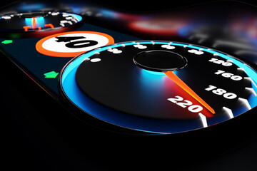 3D illustration close up black car panel, digital bright speedometer in sport style. The speedometer needle shows a maximum speed of 220 km / h