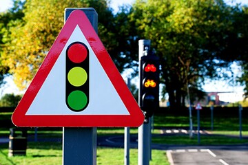 Close up UK road sign Traffic signals ahead