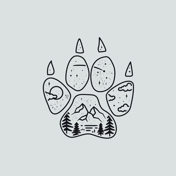 mono line art vector of wolf paw print. wolf paw print illustration.