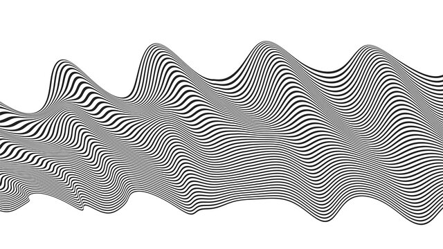 Optical art. Waves twisted from stripes, abstract, 3D. Monochrome black lines in perspective. Poster. Banner. Vector illustration background.