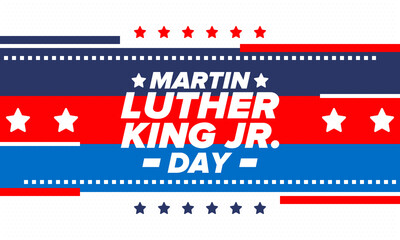 Martin Luther King, Jr. Day. Celebrated annual in United States in January, federal holiday. African American Rights Fighter. Patriotic american elements. Poster, card, banner, background. Vector