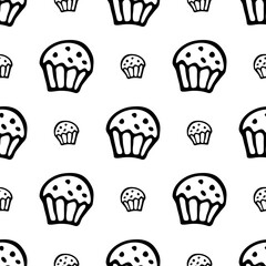 Seamless pattern with hand drawn muffin. Doodle style vector illustration isolated on white background. For interior design, wallpaper, packaging, posters, cards.