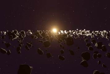 Many asteroids or meteorites in the space horizon with Sun in the center, 3d render © 3d_vicka