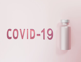 vial of vaccine and word Covid-19 on lite pastel background, vaccination concept, injection. 3d render