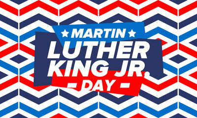 Martin Luther King, Jr. Day. Celebrated annual in United States in January, federal holiday. African American Rights Fighter. Patriotic american elements. Poster, card, banner, background. Vector