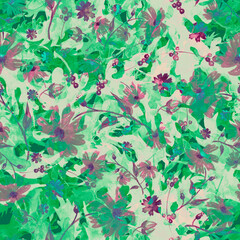 Vintage seamless watercolor pattern of plants. Herbs, flowers, chamomile, flowers watercolor. abstract splash of paint. flowers dandelion, sunflower, leaves, calendula.chamomile, daisy, acorn, walnut