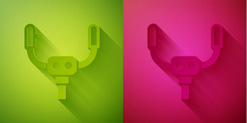 Paper cut Aircraft steering helm icon isolated on green and pink background. Aircraft control wheel. Paper art style. Vector.