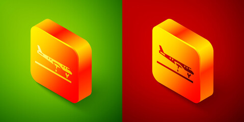 Isometric Plane icon isolated on green and red background. Flying airplane icon. Airliner sign. Square button. Vector.