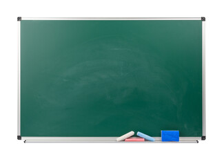 blank green school chalk board isolated on white background, copy space