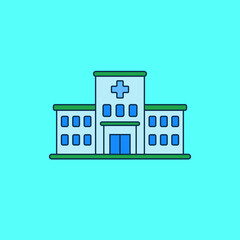 Simple hospital building vector illustration isolated on blue background. Hospital building linear color icon
