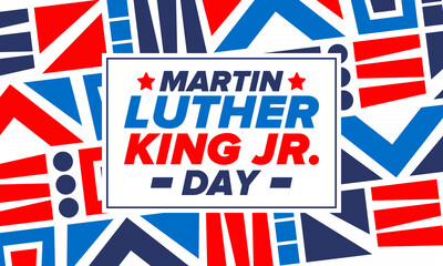 Martin Luther King, Jr. Day. Celebrated annual in United States in January, federal holiday. African American Rights Fighter. Patriotic american elements. Poster, card, banner, background. Vector